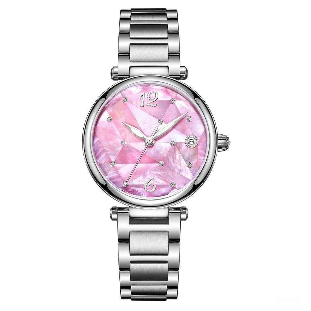 New Design Steel pink Dial Automatic Women Watches Genuine Strap YPS