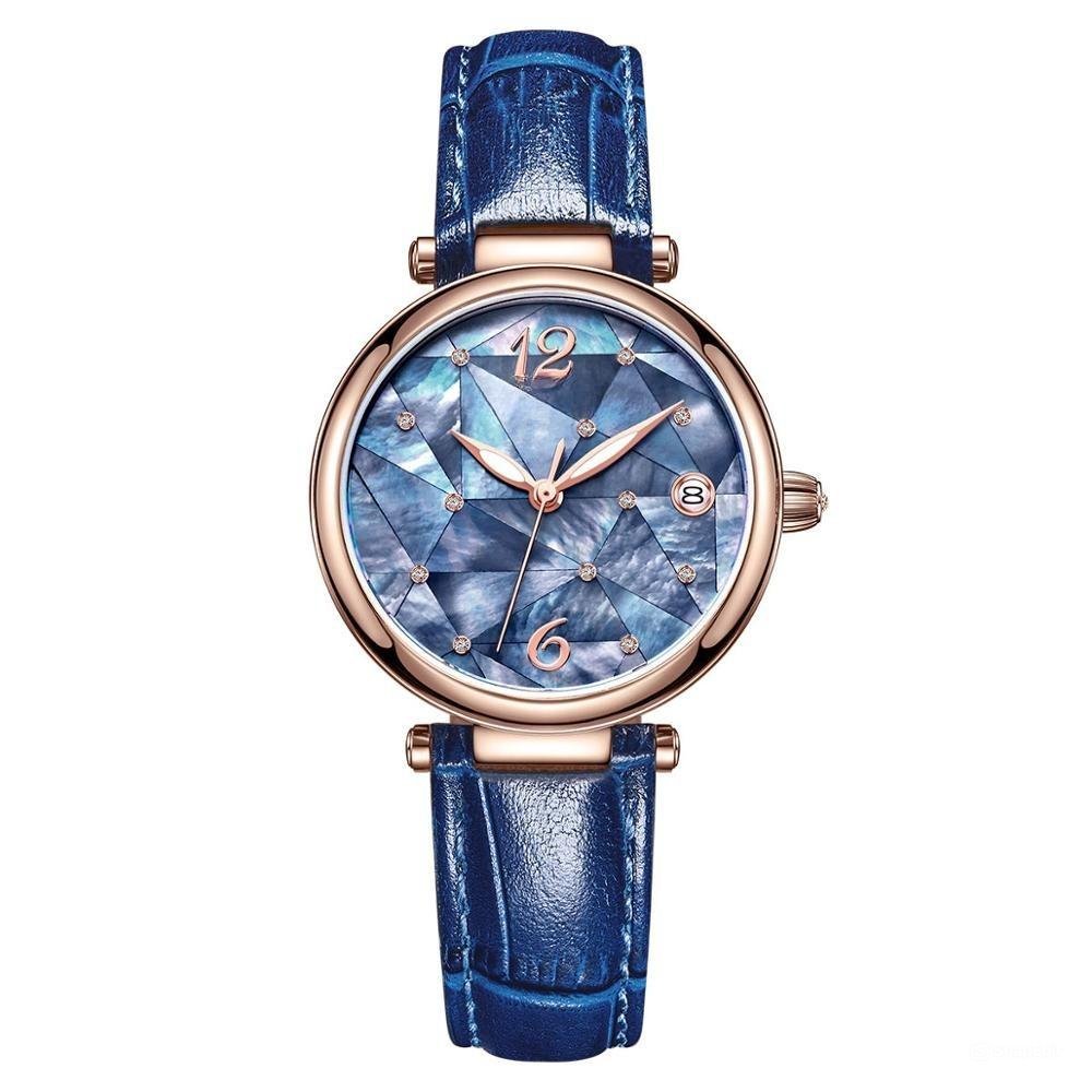 New Design Steel blue Dial Automatic Women Watches Genuine Leather Strap YPS