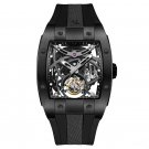 All Black Watch Tourbillon Skeleton Wine Barrel Carbon Fiber Case Rubber Strap BBB