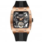 All Black Watch Tourbillon Skeleton Wine Barrel Carbon Fiber Case Rubber Strap PBB