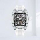 Men Automatic Waterproof Watch Skeleton Wine Barrel Carbon Fiber Case Rubber Strap WBW