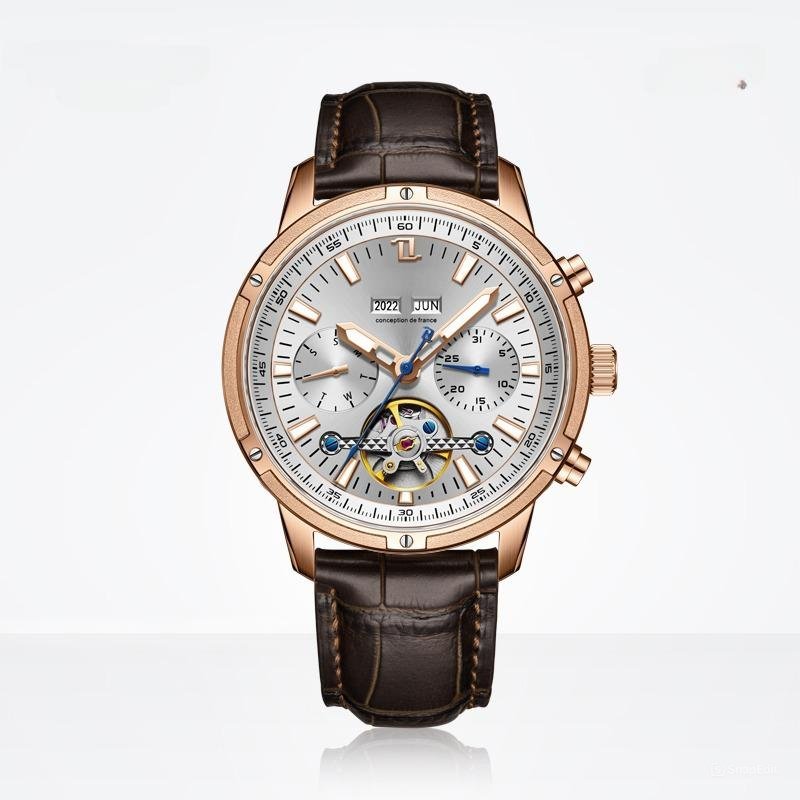 Men Watch Tourbillon Leather Strap Sapphire Waterproof Calendar Week Month PWS
