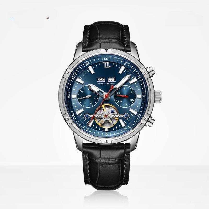 Men Watch Tourbillon Leather Strap Sapphire Waterproof Calendar Week Month YLB