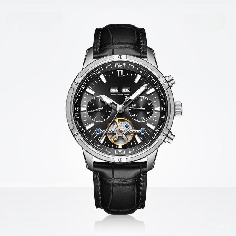 Men Watch Tourbillon Leather Strap Sapphire Waterproof Calendar Week Month YBB