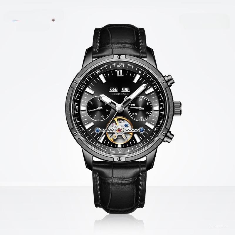 Men Watch Tourbillon Leather Strap Sapphire Waterproof Calendar Week Month BBBL