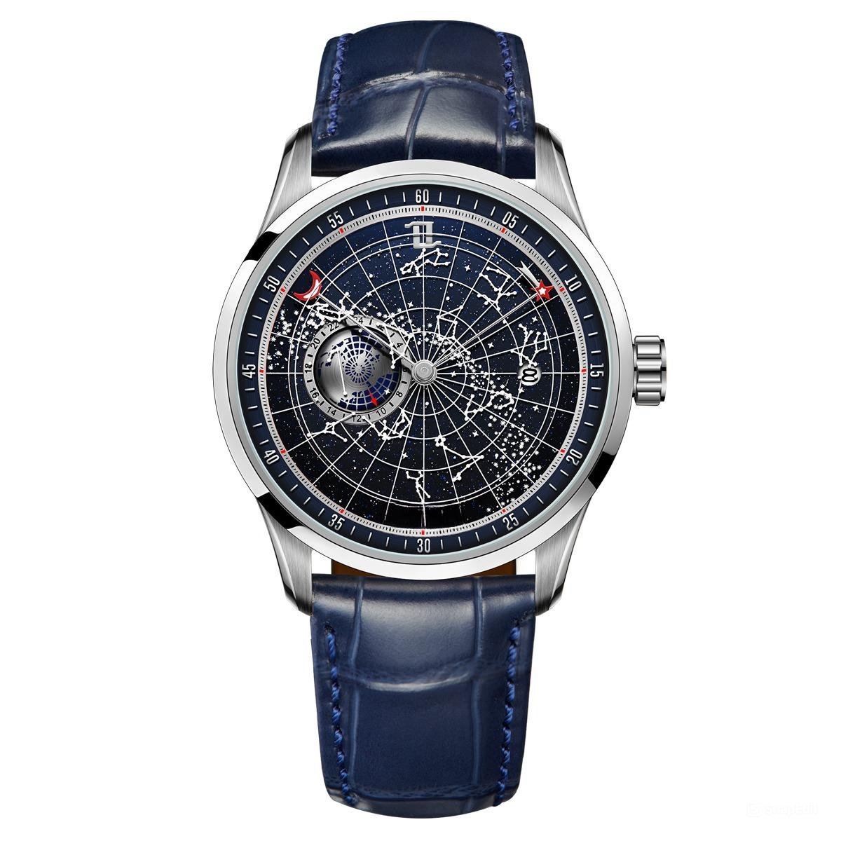 Automatic Mechanical Watch Waterproof for Men Earth Star Leather Strap YLL
