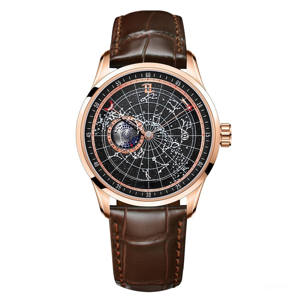Automatic Mechanical Watch Waterproof for Men Earth Star Leather Strap PBS