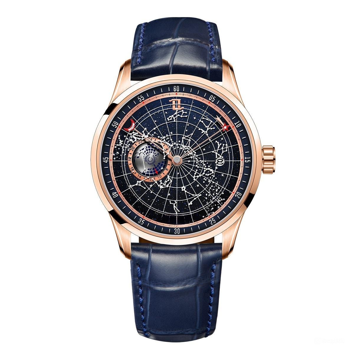 Automatic Mechanical Watch Waterproof for Men Earth Star Leather Strap PLL