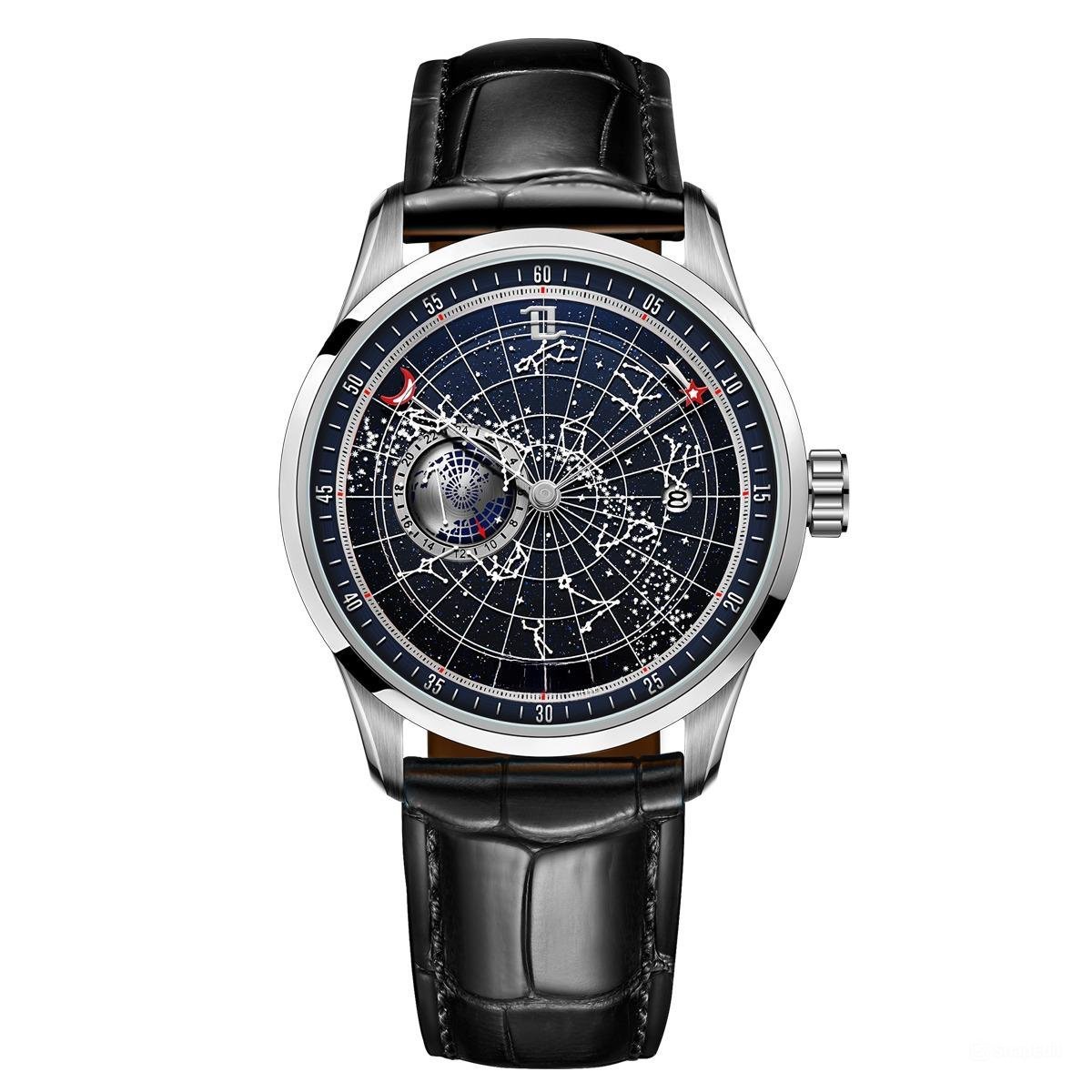Automatic Mechanical Watch Waterproof for Men Earth Star Leather Strap YLB