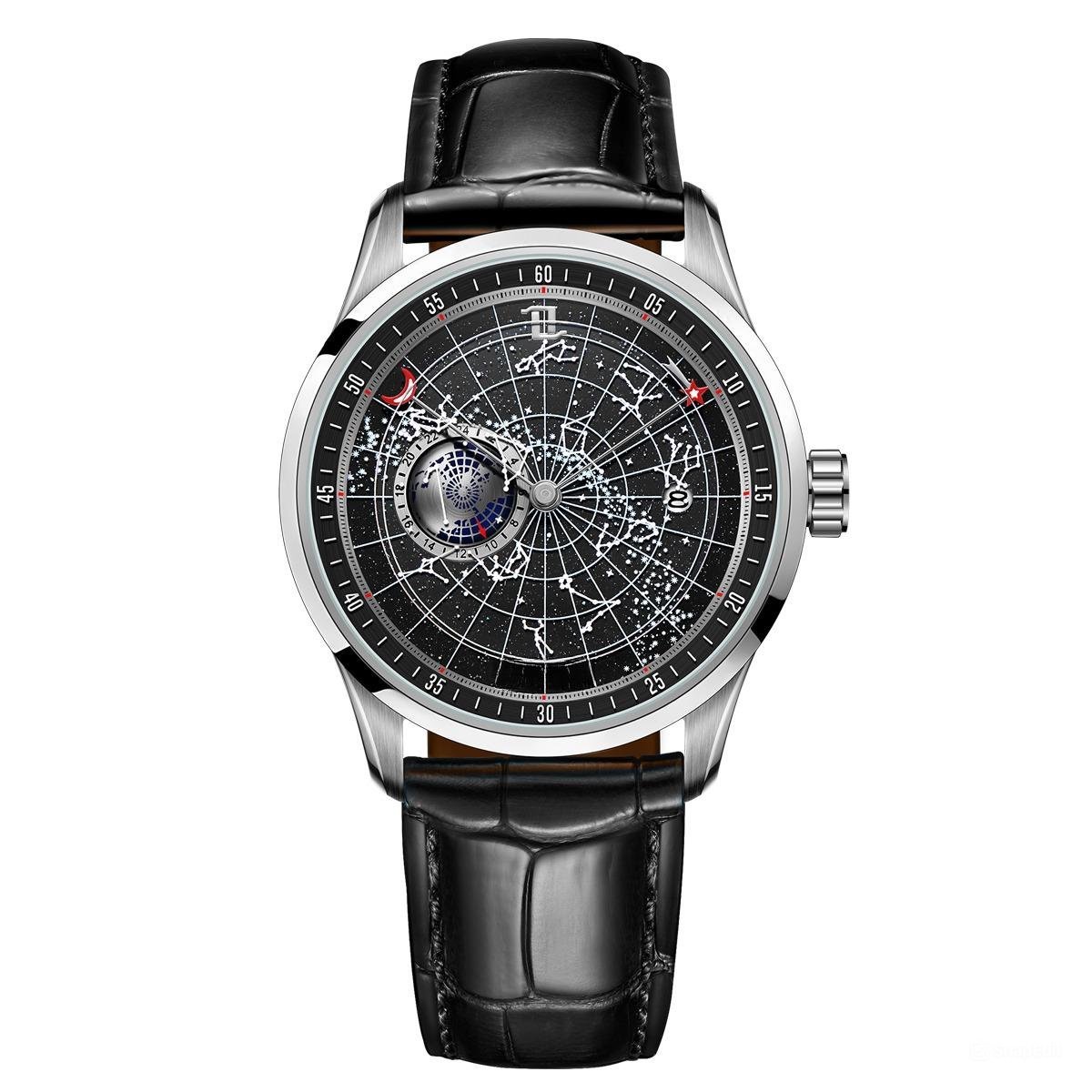 Automatic Mechanical Watch Waterproof for Men Earth Star Leather Strap YBB