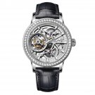 Men Watches black Leather Diamond Bezel Skeleton Dial Tourbillon Manual Wind YWB