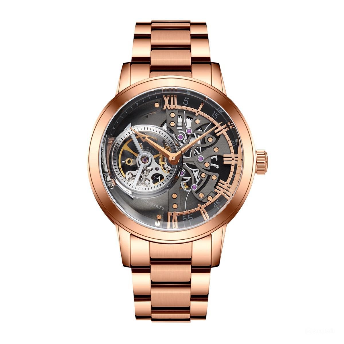 Retro Men Watches Skeleton Automatic Stainless Steel Strap Mineral Crystal Glass Rose Gold PBP