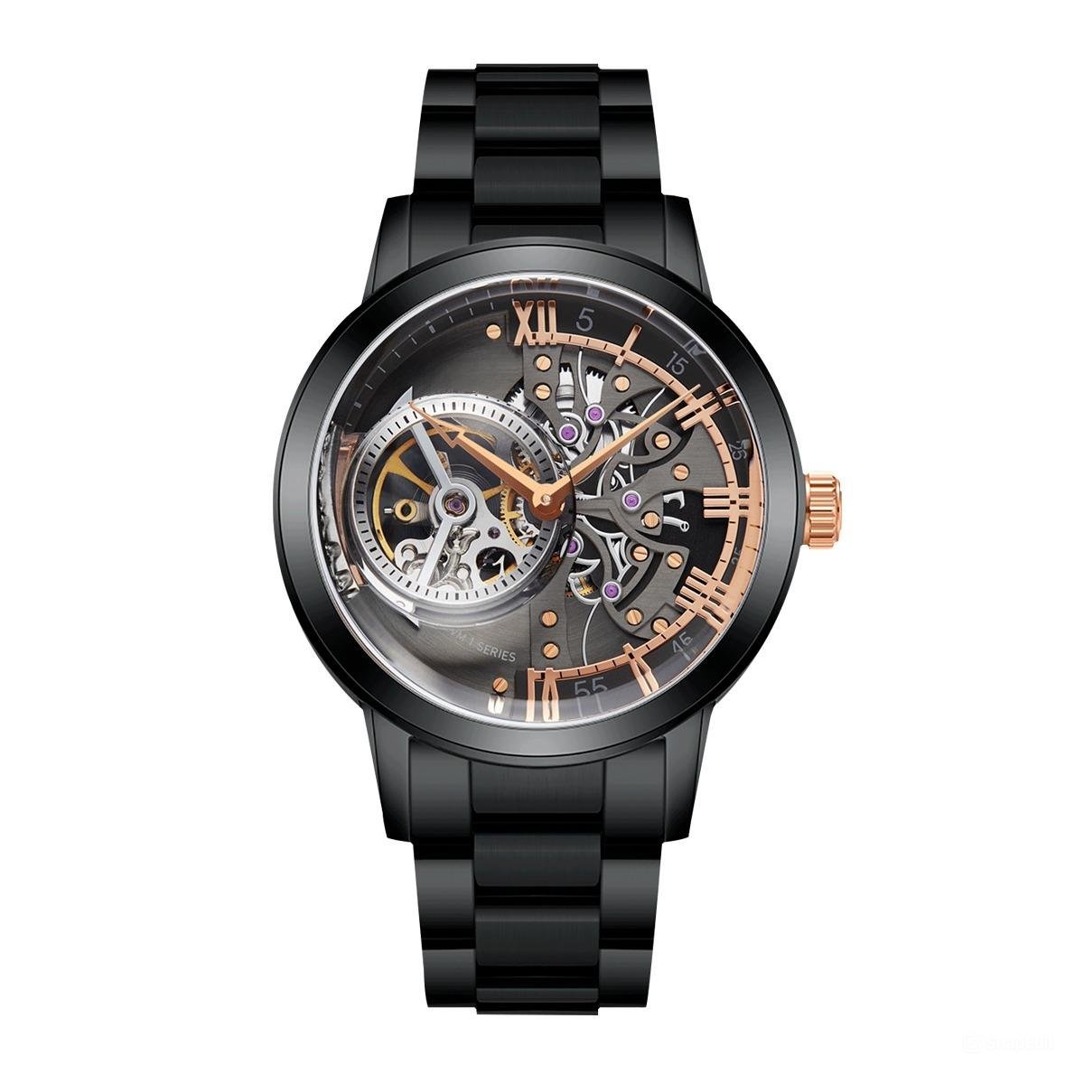 Retro Men Watches Skeleton Automatic Stainless Steel Strap Mineral Crystal Glass black BBB