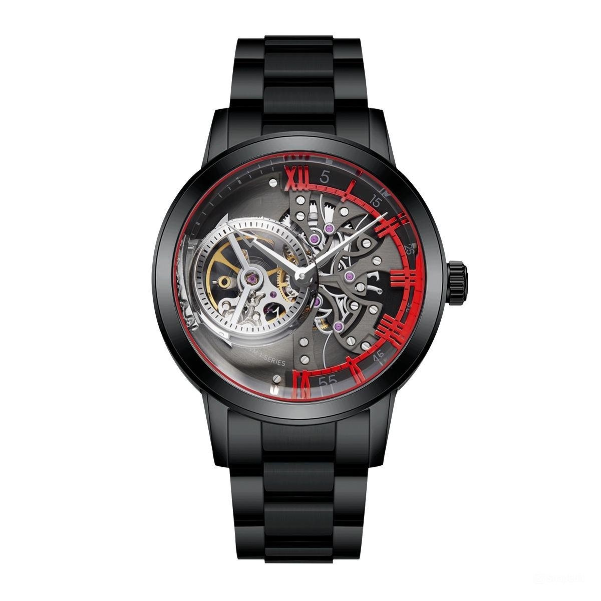 Retro Men Watches Skeleton Automatic Stainless Steel Strap Mineral Crystal Glass black BBRB