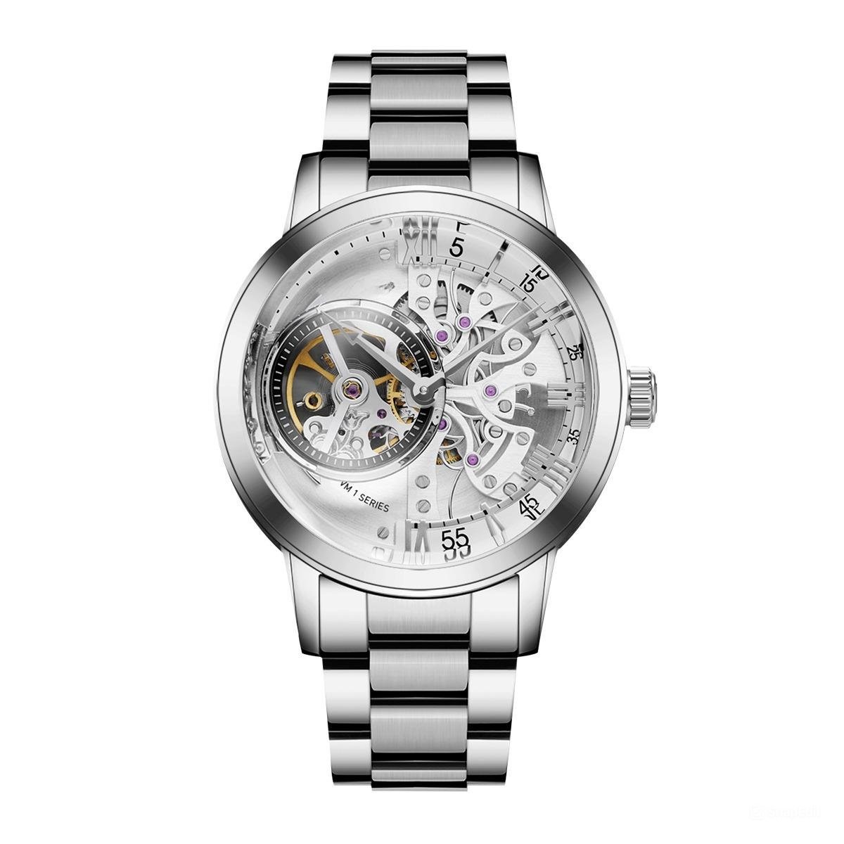 Retro Men Watches Skeleton Automatic Stainless Steel Strap Mineral Crystal Glass silver YWY