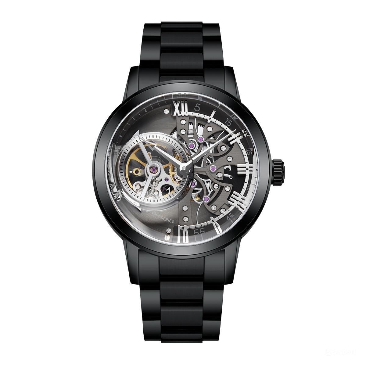 Retro Men Watches Skeleton Automatic Stainless Steel Strap Mineral Crystal Glass black BBWB