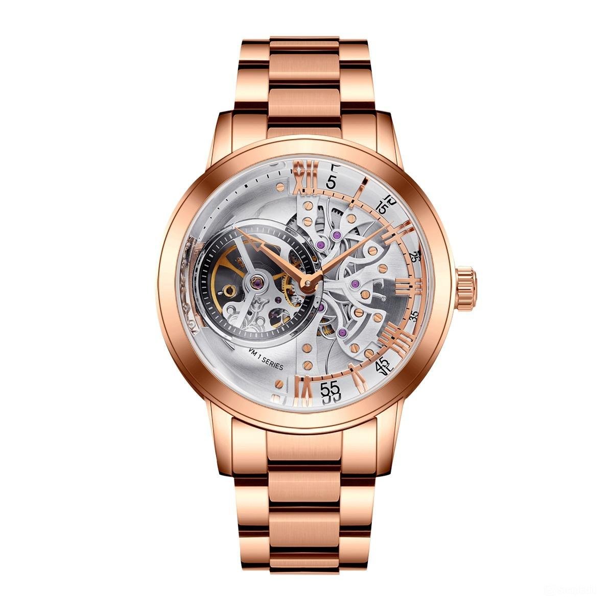 Retro Men Watches Skeleton Automatic Stainless Steel Strap Mineral Crystal Glass Rose Gold PWP