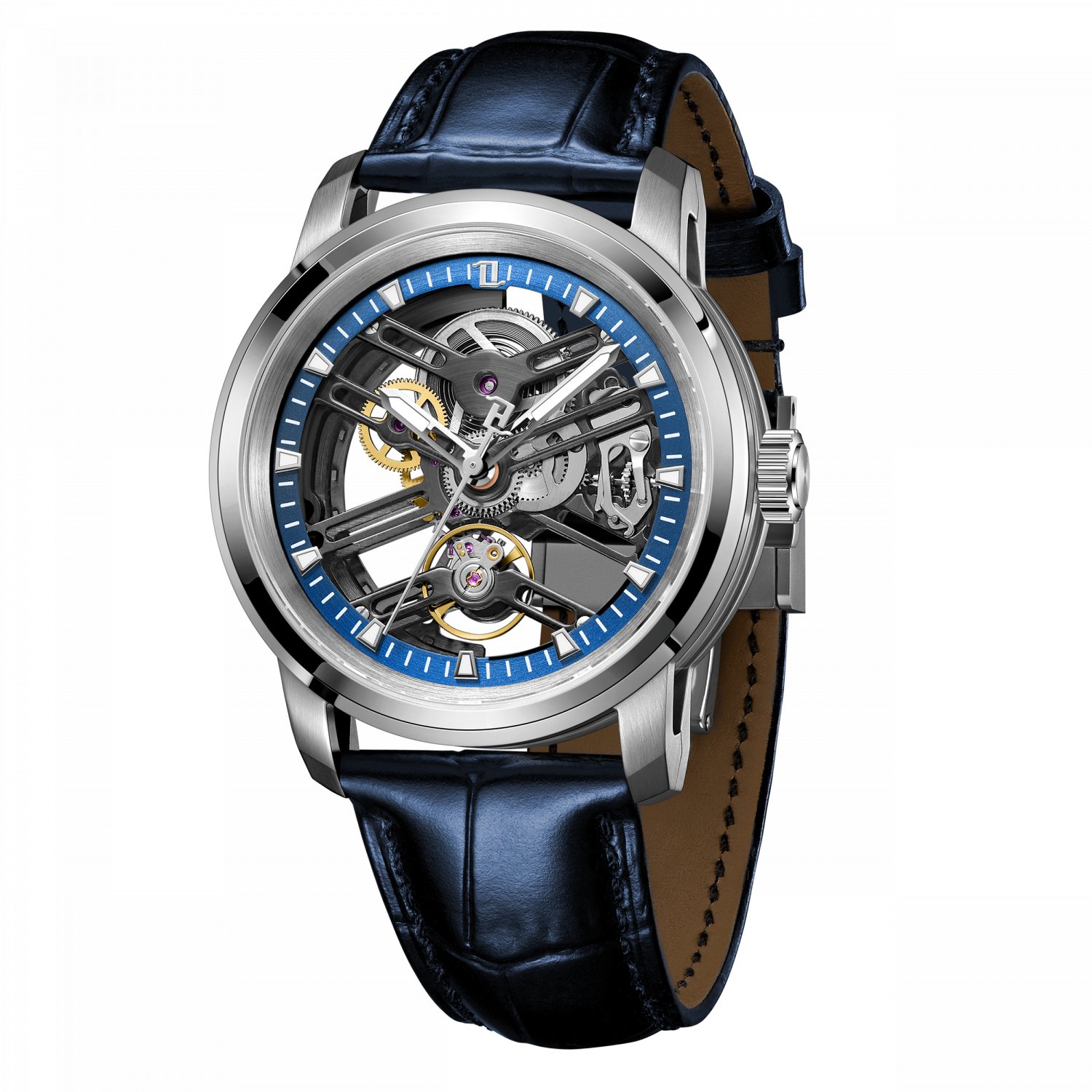 New Style Men Automatic Watches Rose Gold Skeleton 42mm Calfskin Strap Mechanical YLL