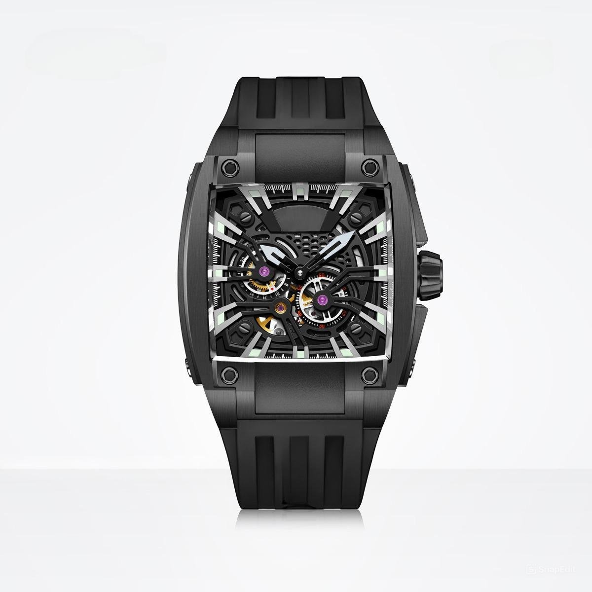 2022 Men Automatic Waterproof Watch Skeleton Stainless Steel Bezel Rubber Strap Glass BBBB