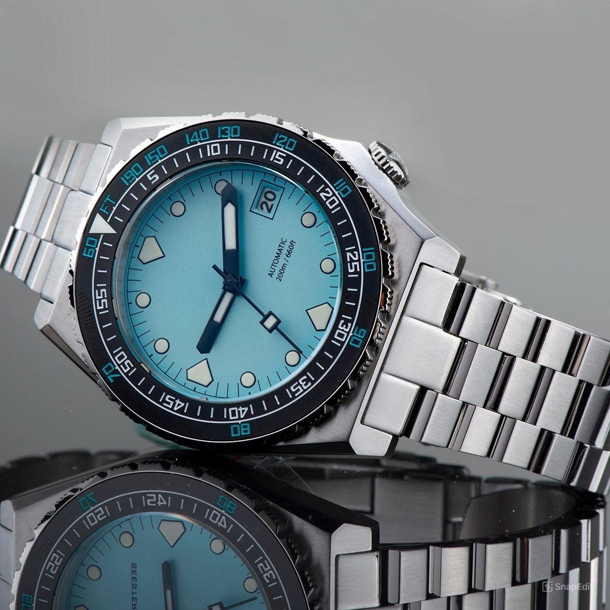 Mens Waterproof Teal Blue Ceramic Watch Diving Sapphire Movement Bezel Date Jubilee