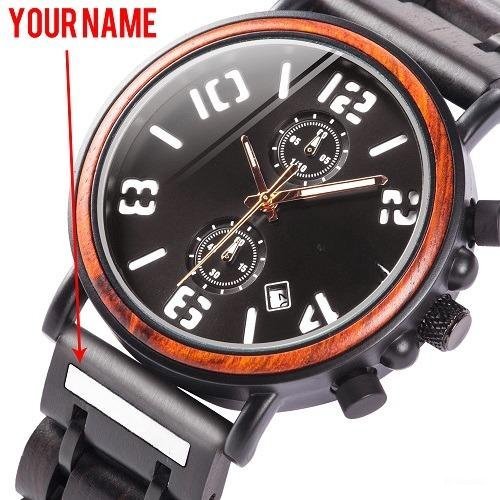 Multi function Wood Waterproof black Watch Men Luminious Engrave name on band