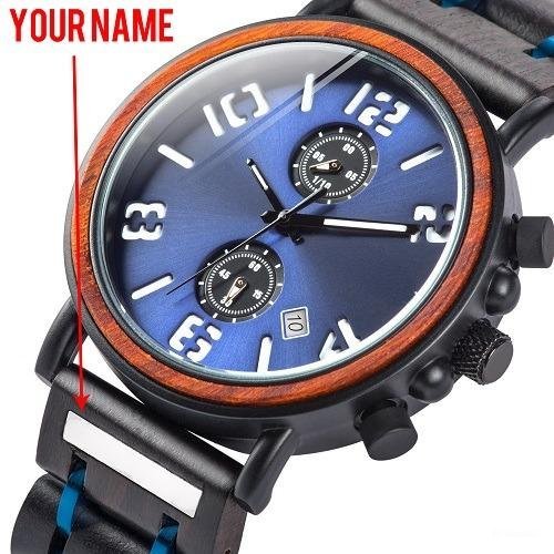 Multi function Wood Waterproof blue Watch Men Luminious Engrave name on band