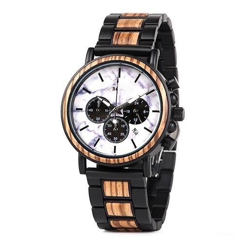 Marble Dial Wood Black Watch Men Metal Chronograph Quartz J P09 4