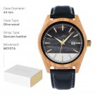 Men Wood Watches Olive 1 44mm Round Genuine Leather Analog Auto Day Customized