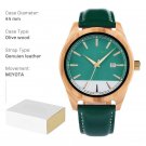 Men Wood Watches Olive 2 44mm Round Genuine Leather Analog Auto Day Customized