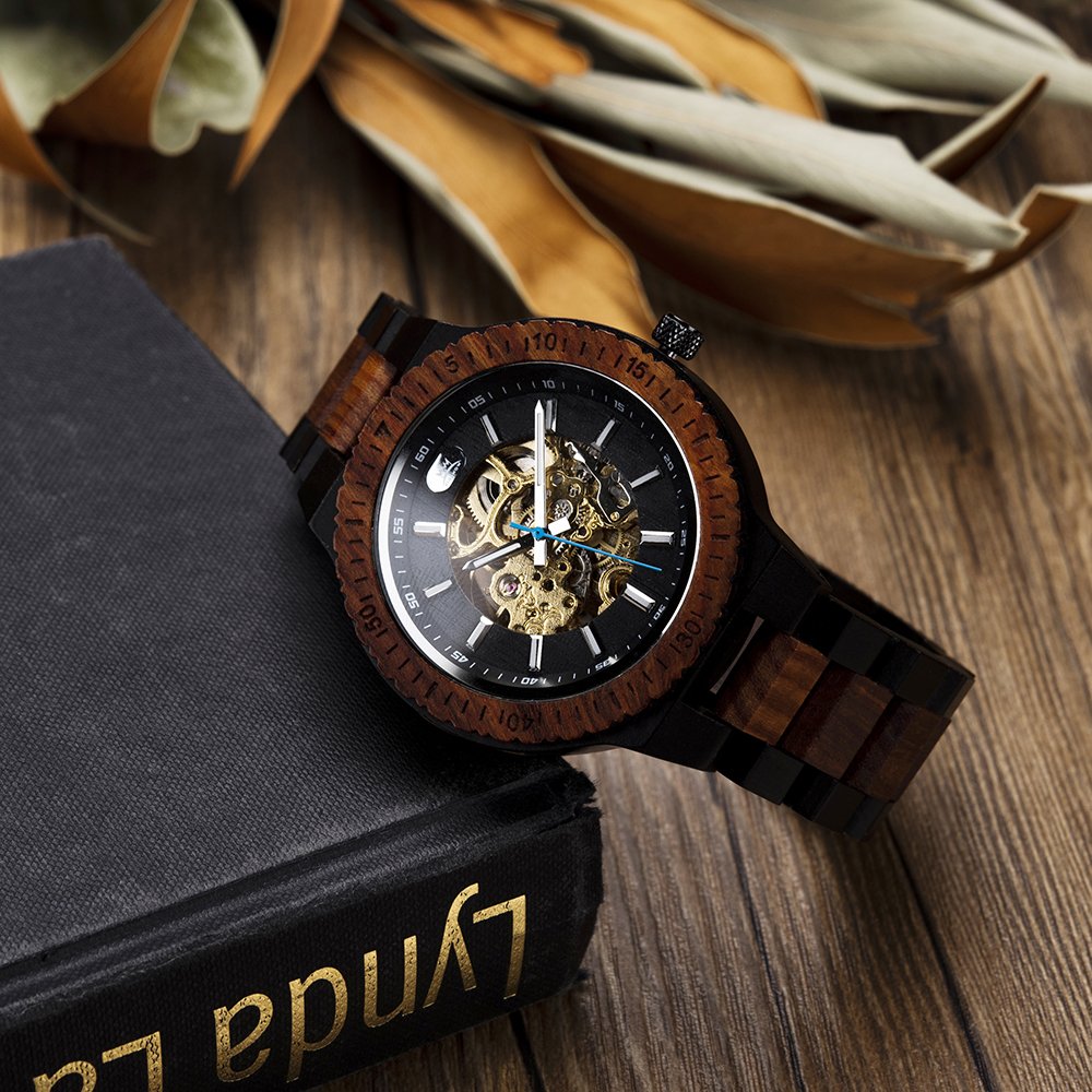 Automatic Machinery Waterproof Watch for Men Wooden Stainless Steel Custom GZ010 2A