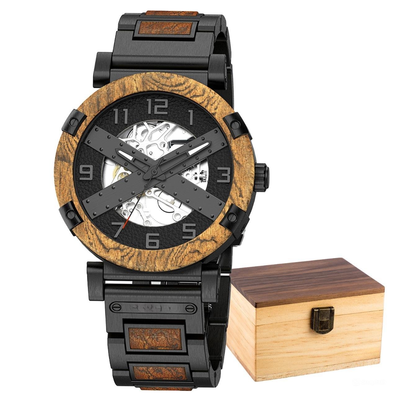 Automatic Mechanical Waterproof Watch for Men Luxury Wooden Metal GT104 1A