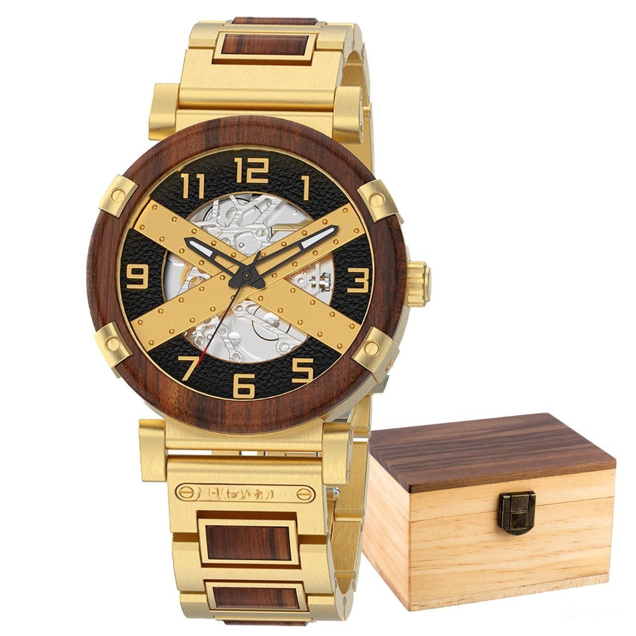Automatic Mechanical Waterproof Watch for Men Luxury Wooden Metal GT104 2A