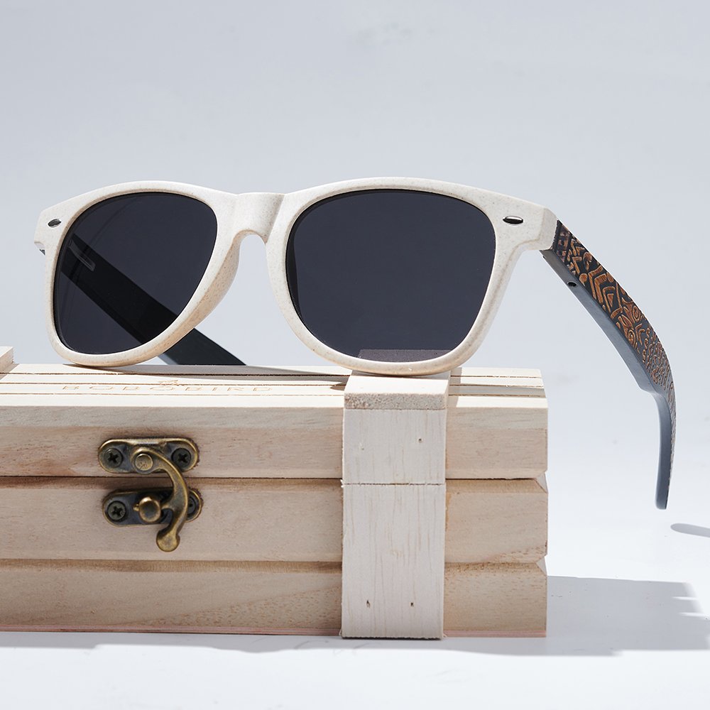 Classic Rectangular Sunglasses for Women Men Wheat Straw Frame UV400 Polarized CG014a wood box