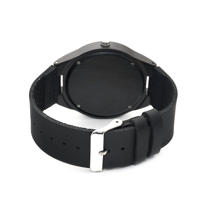Wood Watch for Men Customize Quartz Movement Black Genuine Leather Strap Logo