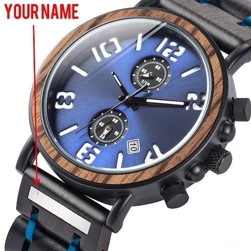 Multifunction Waterproof Wood Watch Men bluezebra Luminious Engrave name on band