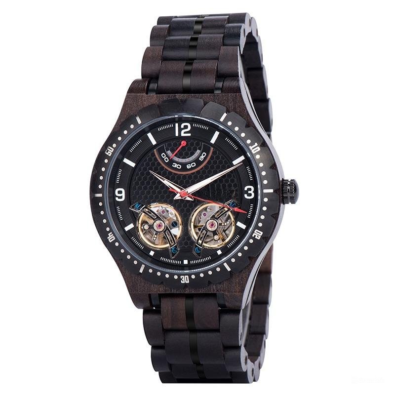 Mechanical Watch for Men Skeleton Tourbillon Automatic Black Wood GT018 1A