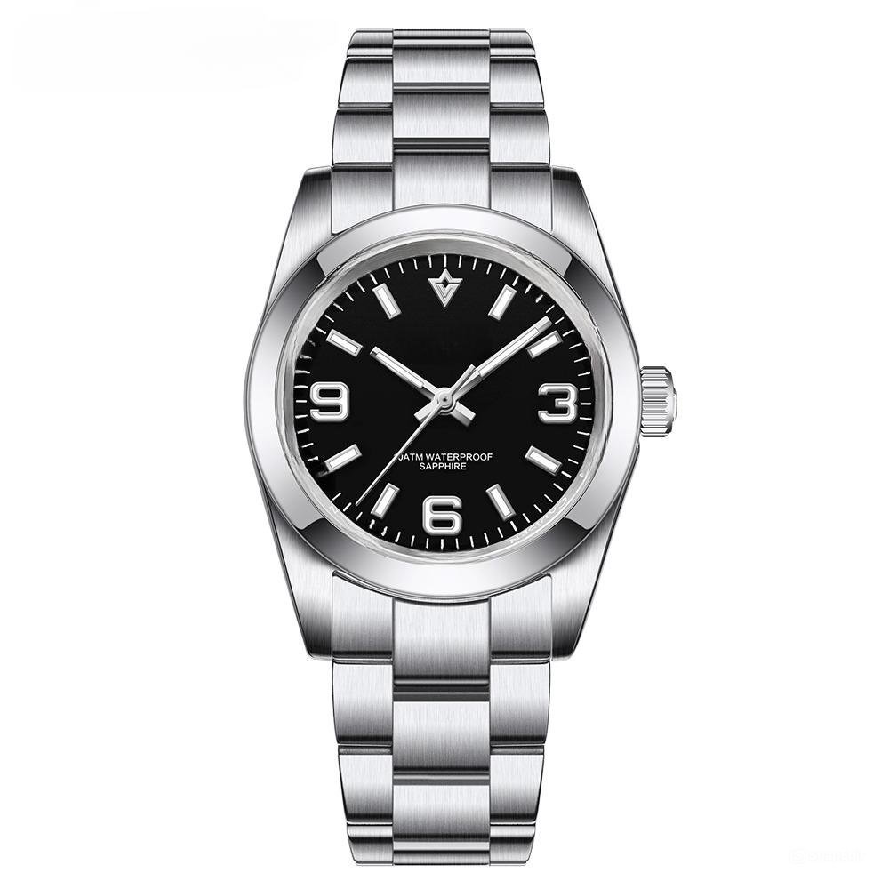 36MM New Men Mechanical Automatic Watch Sapphire Glass Black 100M Waterproof