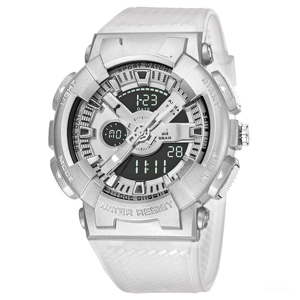 Digital Watch for Men White Silver Waterproof Silicone Strap Stopwatch Shockproof Alarm