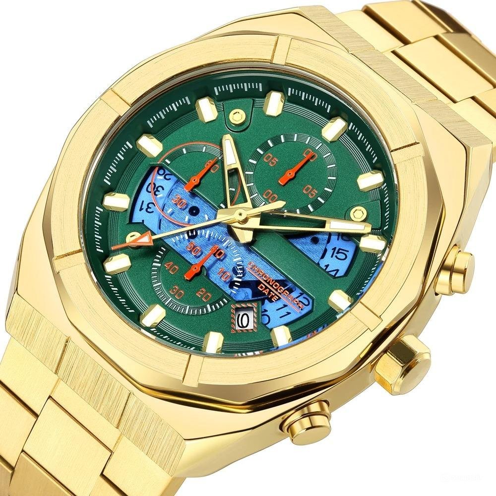 Polygonal Case Quartz Waterproof Watch Gold for Men Chronograph with Auto Date
