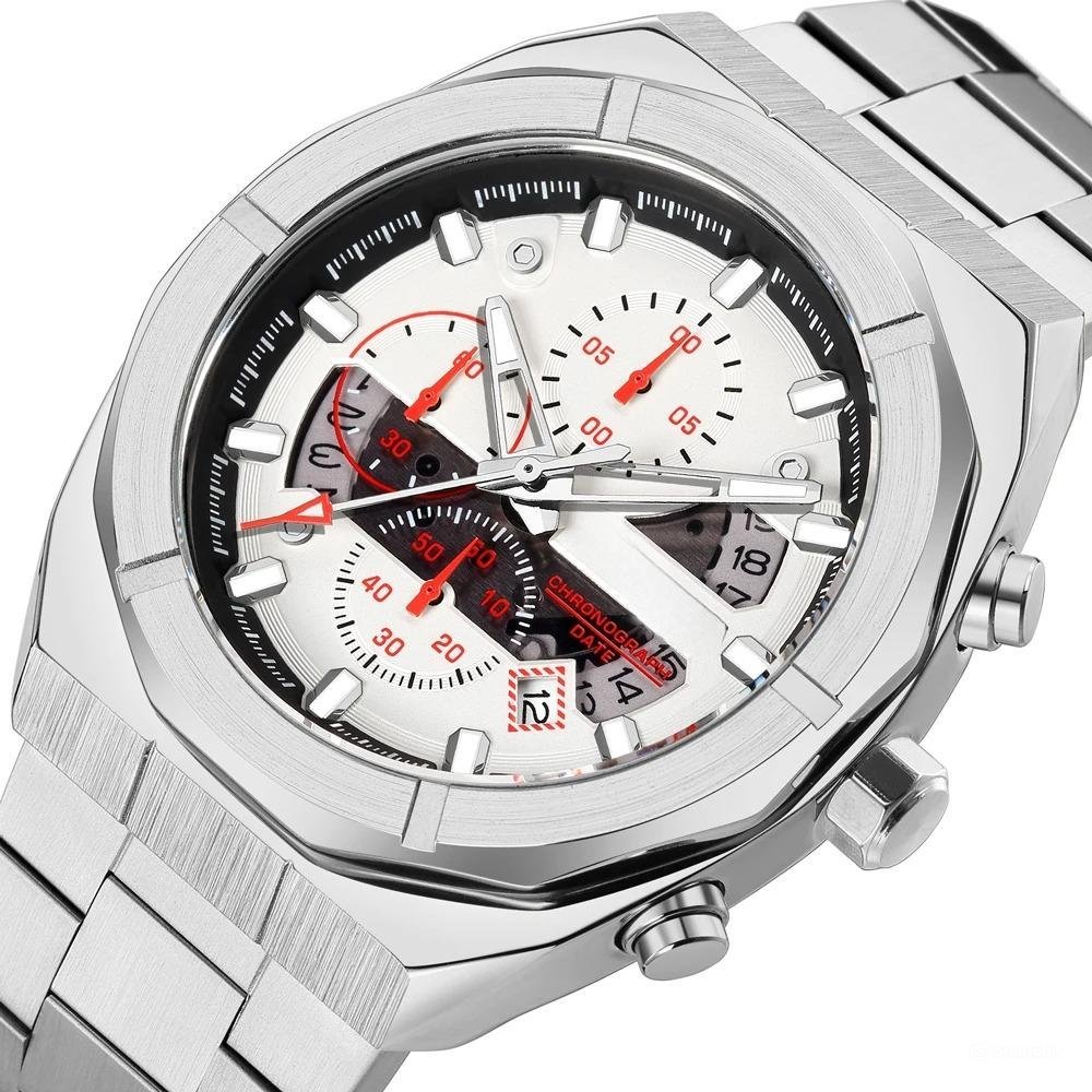 Polygonal Case Quartz Waterproof Watch Silver White for Men Chronograph with Auto Date