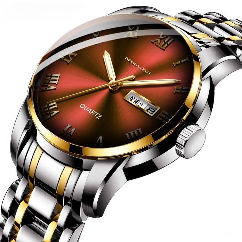 Mens Quartz Silver Golden Red Watches Luxury Waterproof Full Steel Analog Calendar