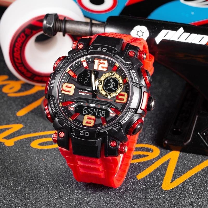 Digital Electronic Watch Red for Men Waterproof Dual Time Shock Resistant Alarm