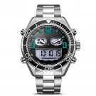 Mens Watches silver green Dual Display Analog LED Digital Steel Chronograph Waterproof