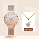 Top Luxury Fashion Woman Golden Pink Watches Set Diamond Necklace Quartz Best Gifts Clock