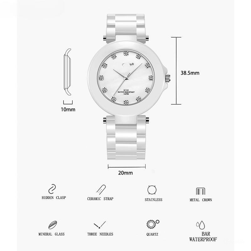 High Quality Womans Real Ceramic Watches Fashion Gifts White Diamond Quartz