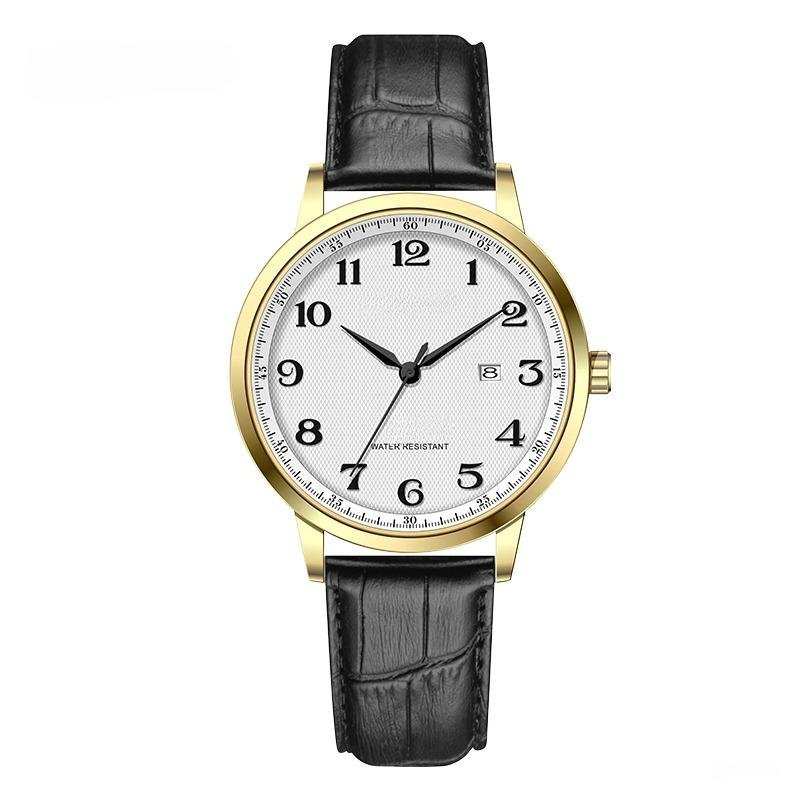 Leather Strap Mens Golden Black Watches Calender Fashion Design Quartz Business