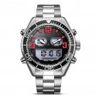 Mens Watches silverred Dual Display Analog Digital LED Waterproof 316 Steel Chronograph