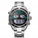 Mens Watches silvergreen Dual Display Analog Digital LED Waterproof 316 Steel Chronograph