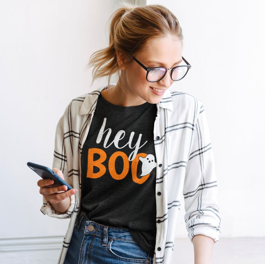 Hey Boo Orange Black Funny Halloween Ghost Womens T-Shirt