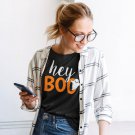 Hey Boo Orange Black Funny Halloween Ghost Womens T-Shirt